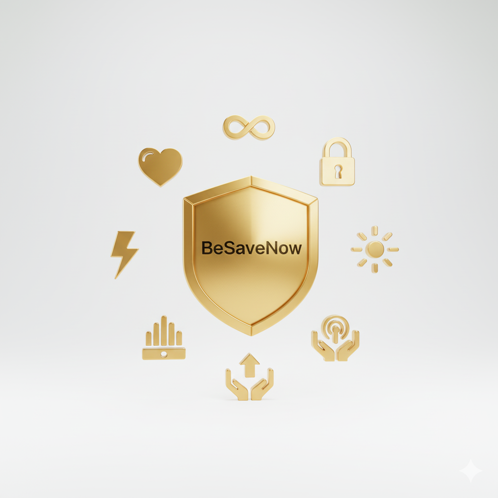 BeSaveNow logo surrounded by various icons on a light gray background